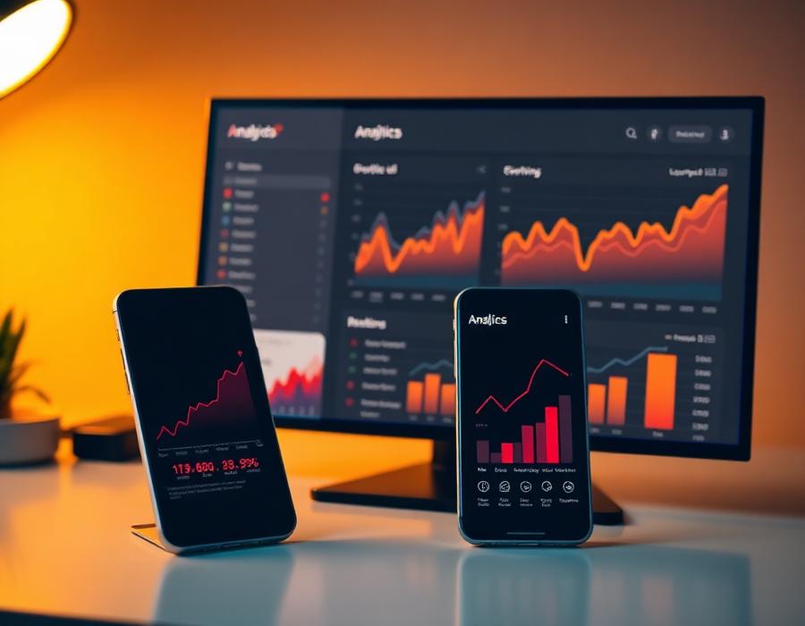 Analytics dashboards compared on a monitor and two phones