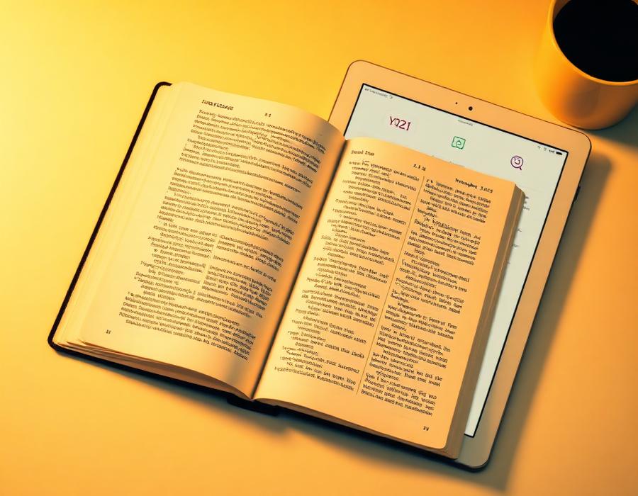 Open reference book beside a tablet showing growth terms